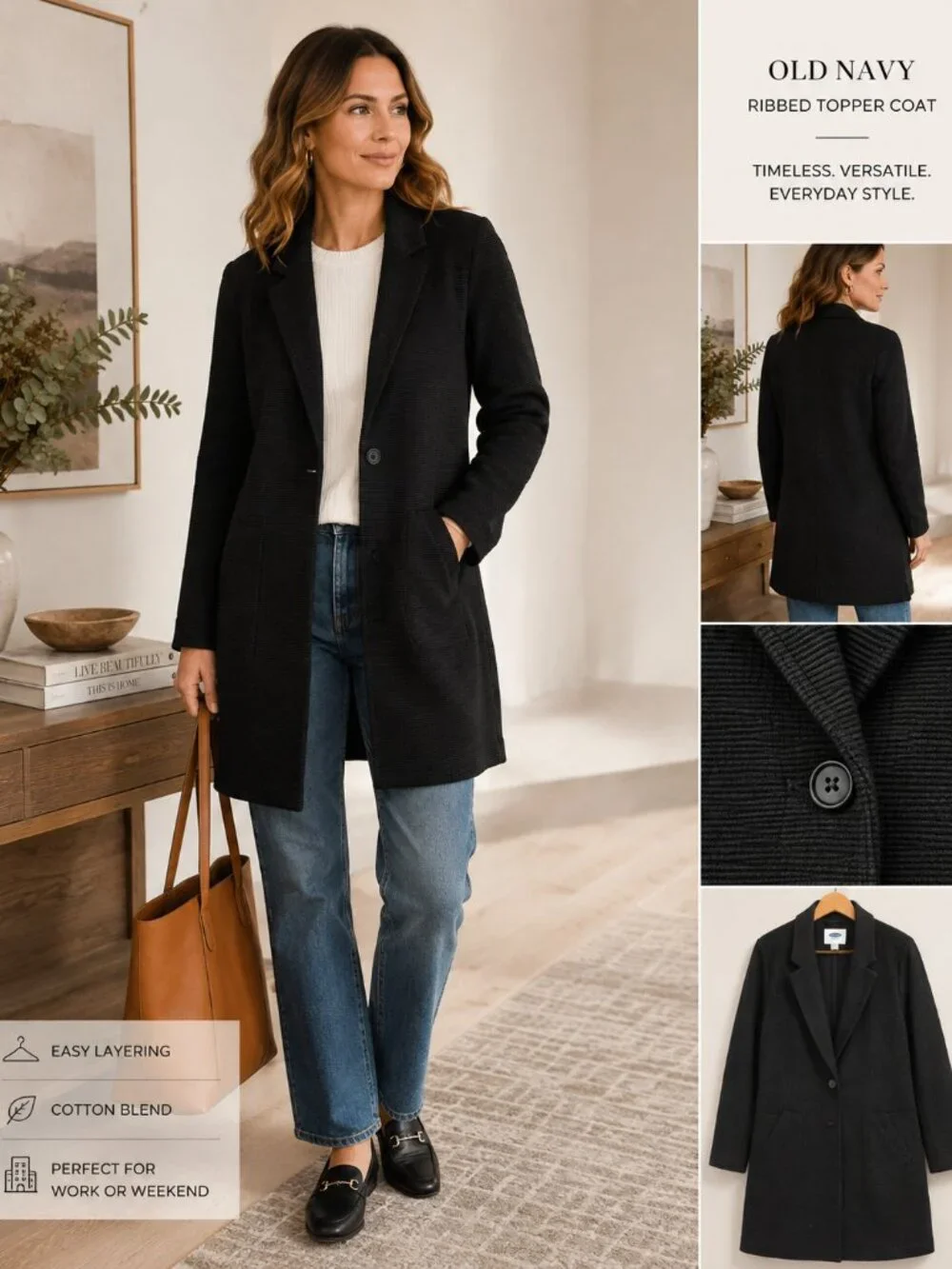 Old Navy Women's Small Black Ribbed Topper Coat Long Blazer Cotton Blend Jacket
